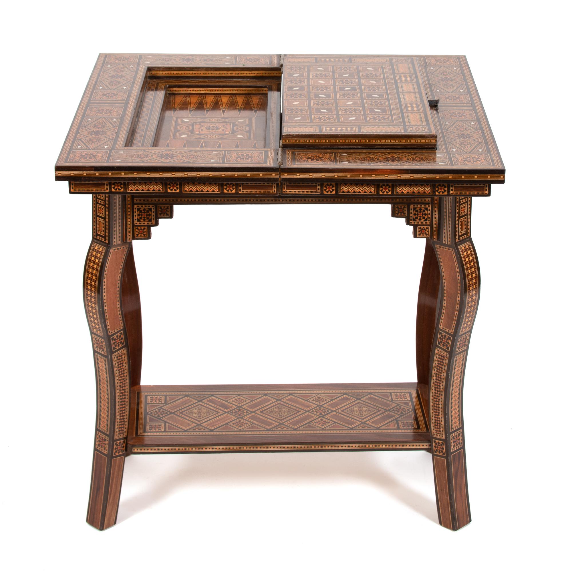 A Syrian Parquetry Mother-of-Pearl Inlaid Game Table Height 29 x width 25 x depth open 25 inches. — 19TH CENTURY