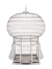 A Continental Painted Wood and Metal Birdcage