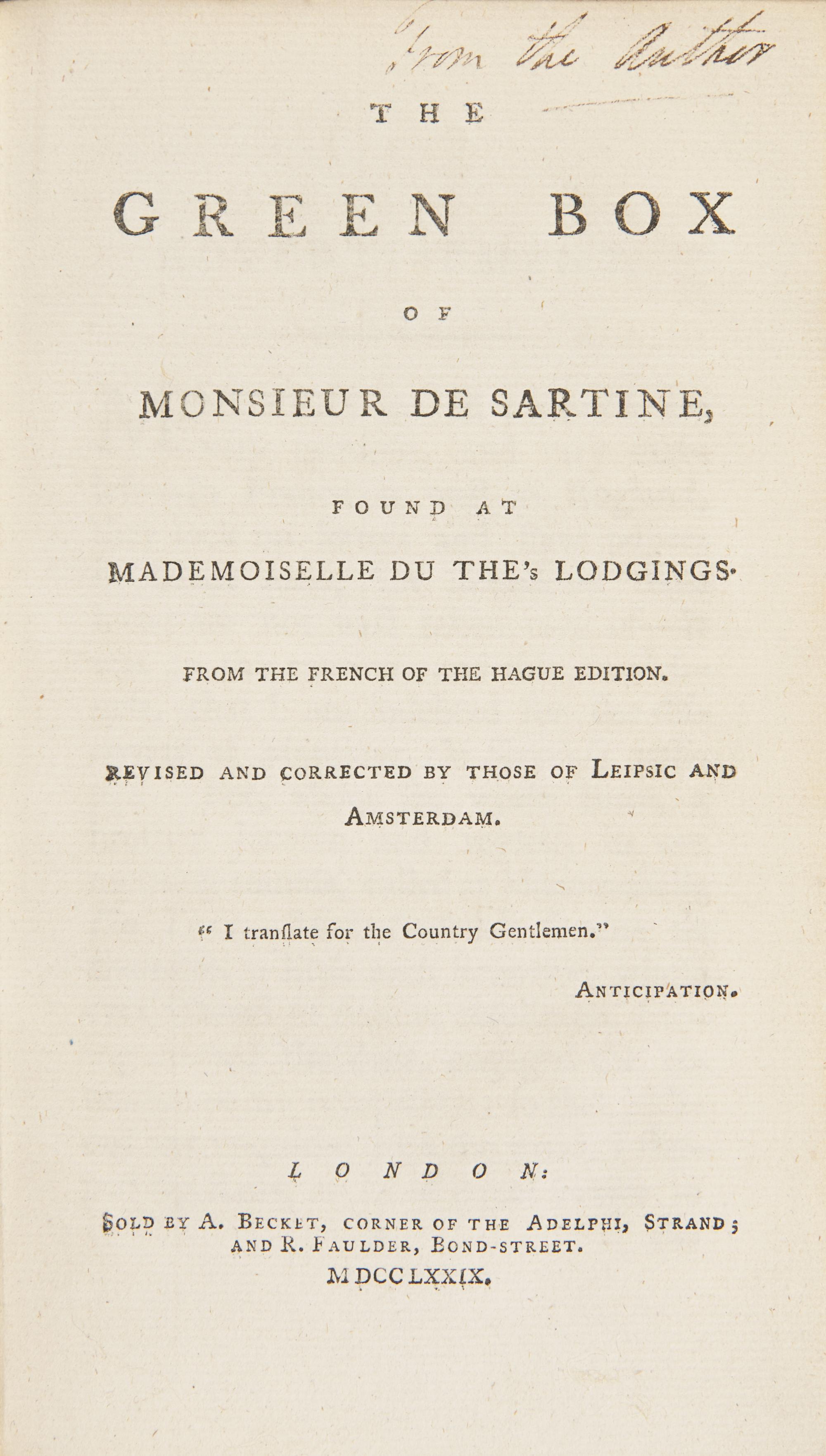 [American Revolution] [Franklin, Benjamin] (Tickell, Richard). The Green Box of Monsieur de Sartine, Found at Mademoiselle du The's Lodgings...