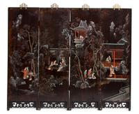 A Set of Four Chinese Hardstone Embellished Hardwood Panels Height 35 inches.