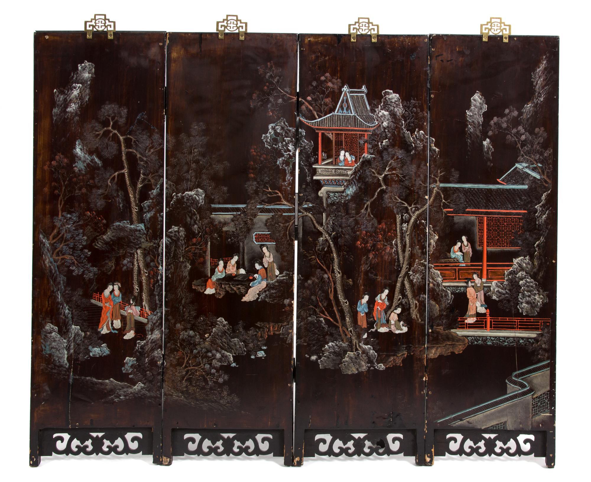 A Set of Four Chinese Hardstone Embellished Hardwood Panels Height 35 inches.