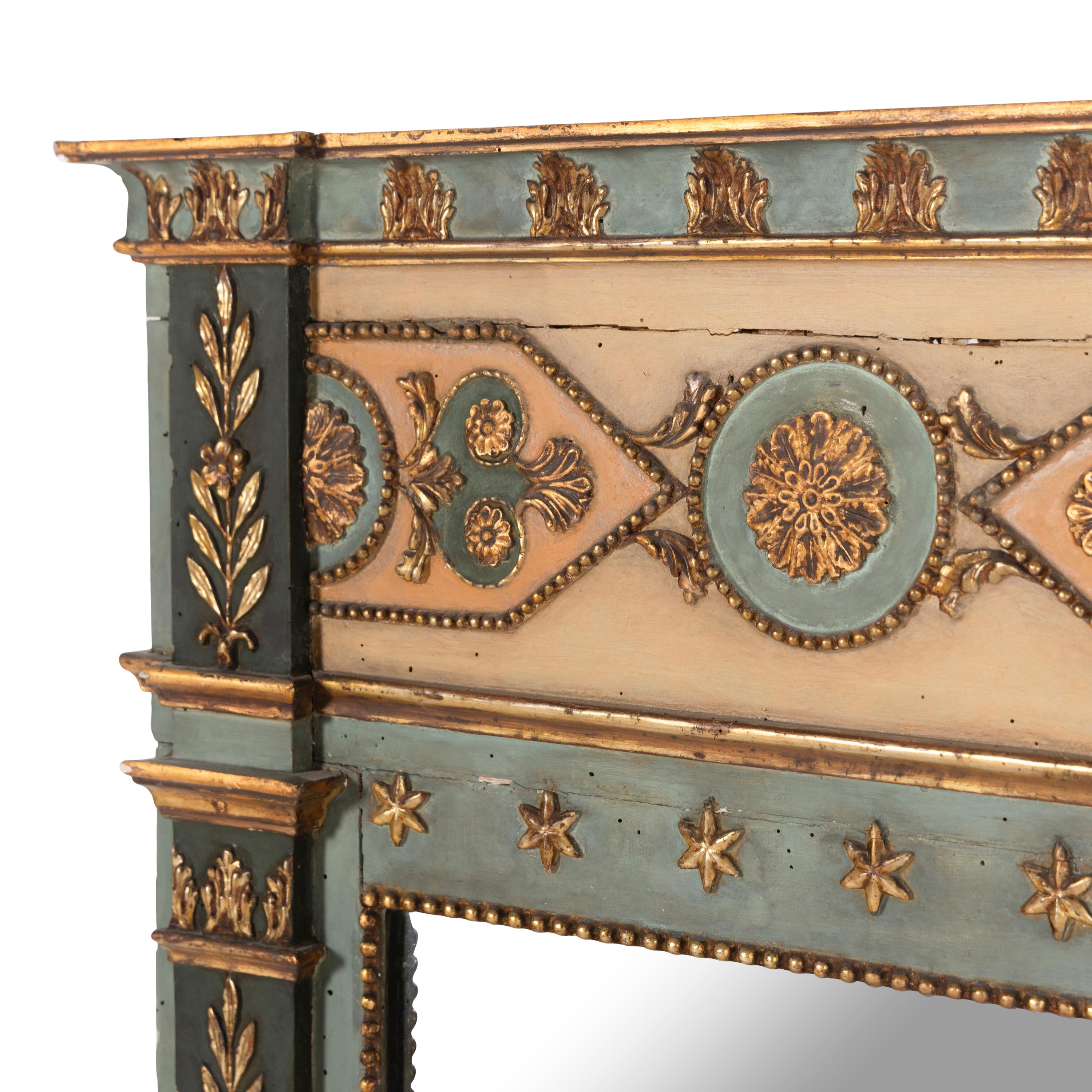 A Neoclassical Style Painted and Parcel Gilt Overmantel Mirror