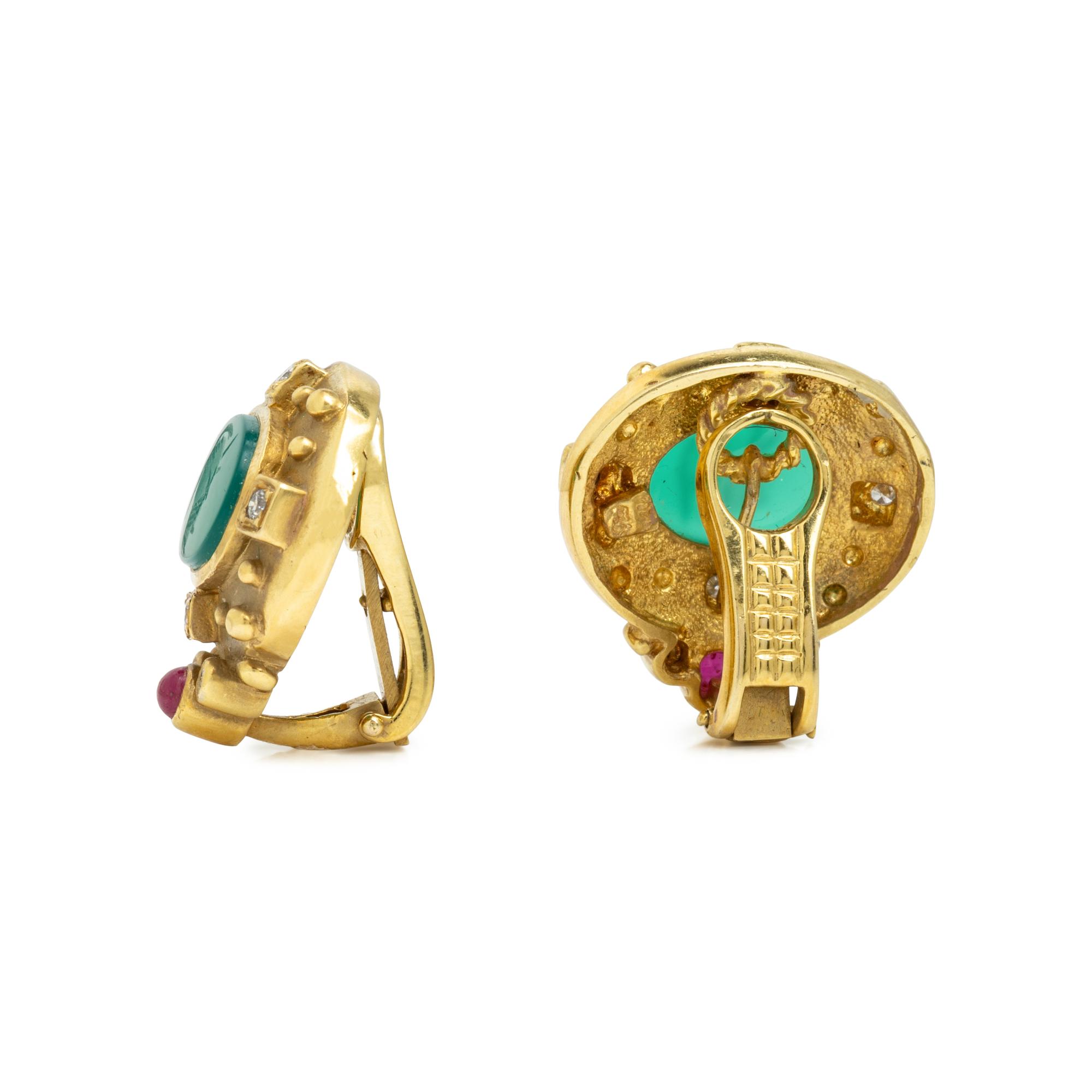 Chrysoprase Intaglio, Multigem, and Yellow Gold Earrings