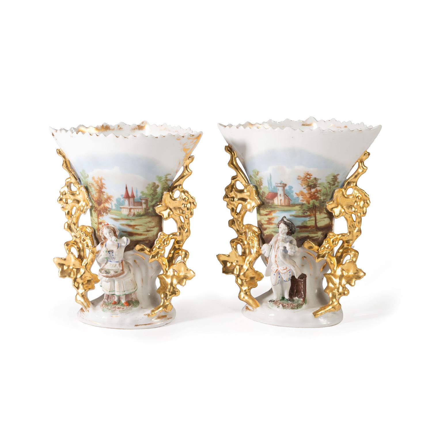A Pair of Paris Porcelain Landscape Vases with Bisque Figures