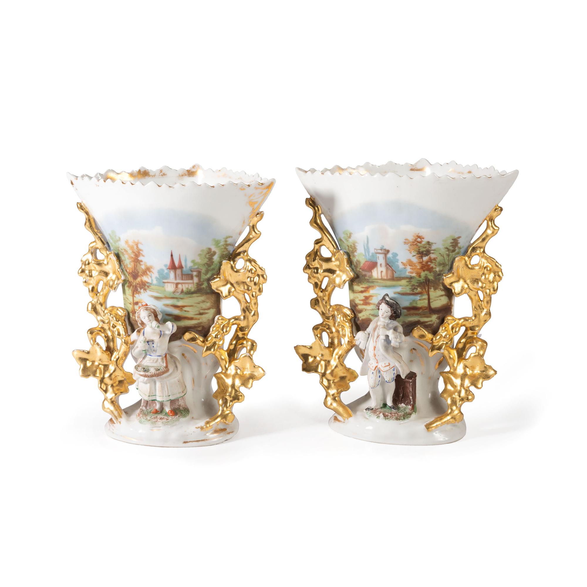 A Pair of Paris Porcelain Landscape Vases with Bisque Figures