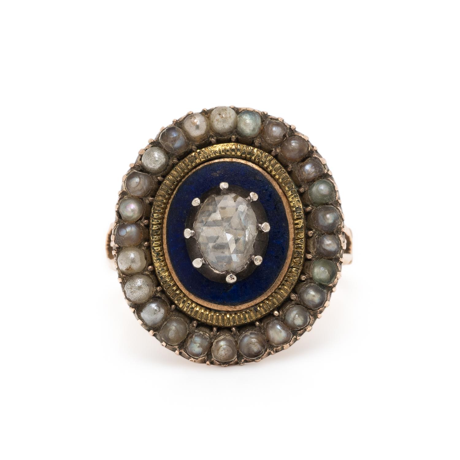 VICTORIAN, DIAMOND, SEED PEARL, AND ENAMEL RING