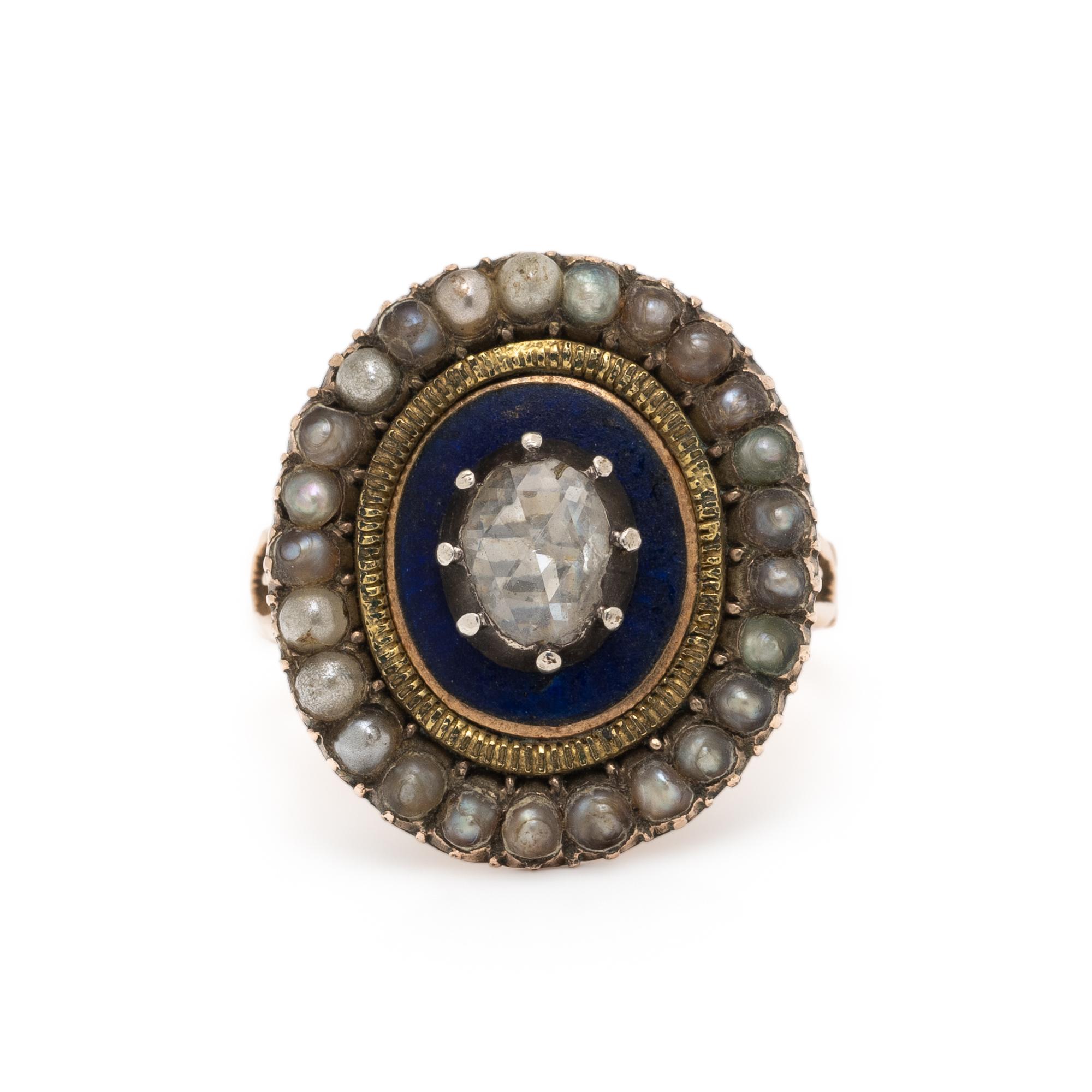 VICTORIAN, DIAMOND, SEED PEARL, AND ENAMEL RING