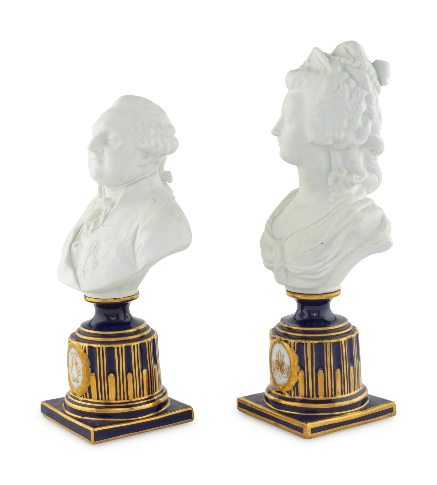 A Pair of Sèvres Style Biscuit Porcelain Busts of Marie Antoinette and Louis XVI