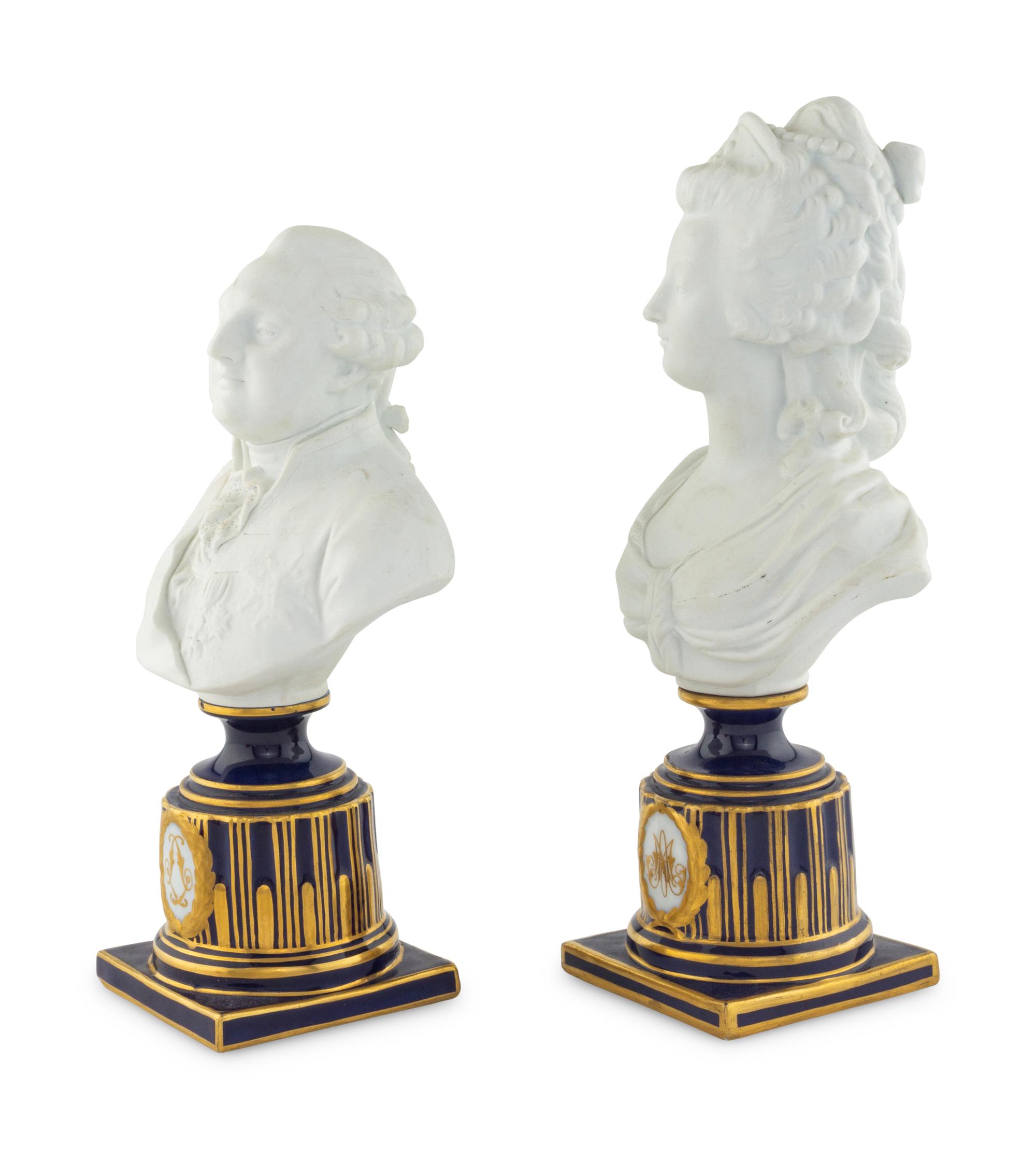 A Pair of Sèvres Style Biscuit Porcelain Busts of Marie Antoinette and Louis XVI