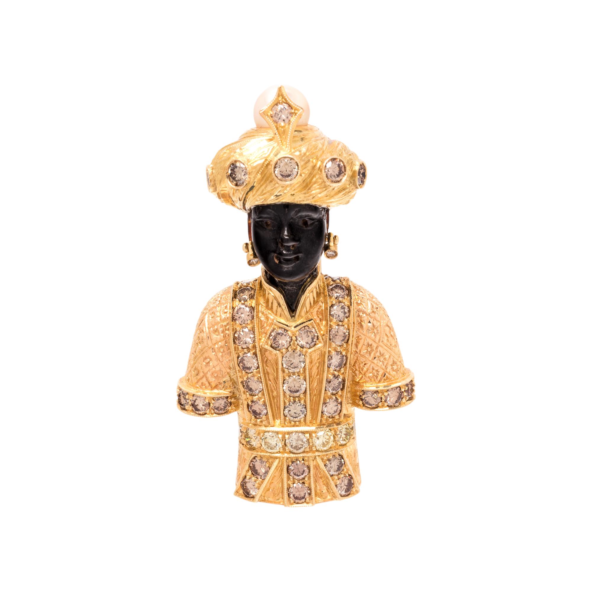 NARDI, YELLOW GOLD, COLORED DIAMOND AND CULTURED PEARL BLACKAMOOR BROOCH