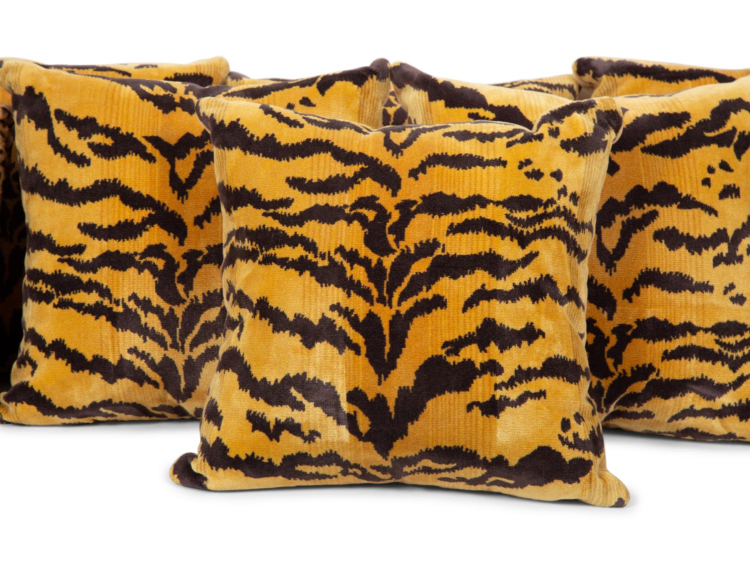 Six Scalamandré Silk Velvet Tigre Pillows and Two Cheetah Design Pillows