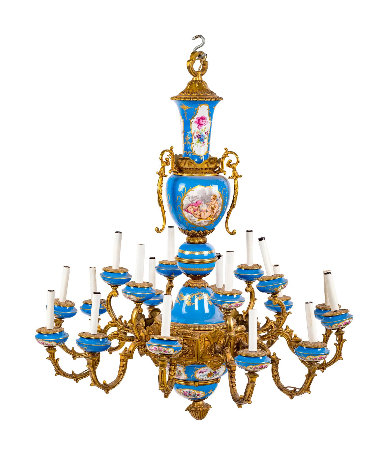 A Sèvres Style Gilt Metal and Painted Glass Eighteen-Light Chandelier
