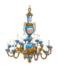 A Sèvres Style Gilt Metal and Painted Glass Eighteen-Light Chandelier