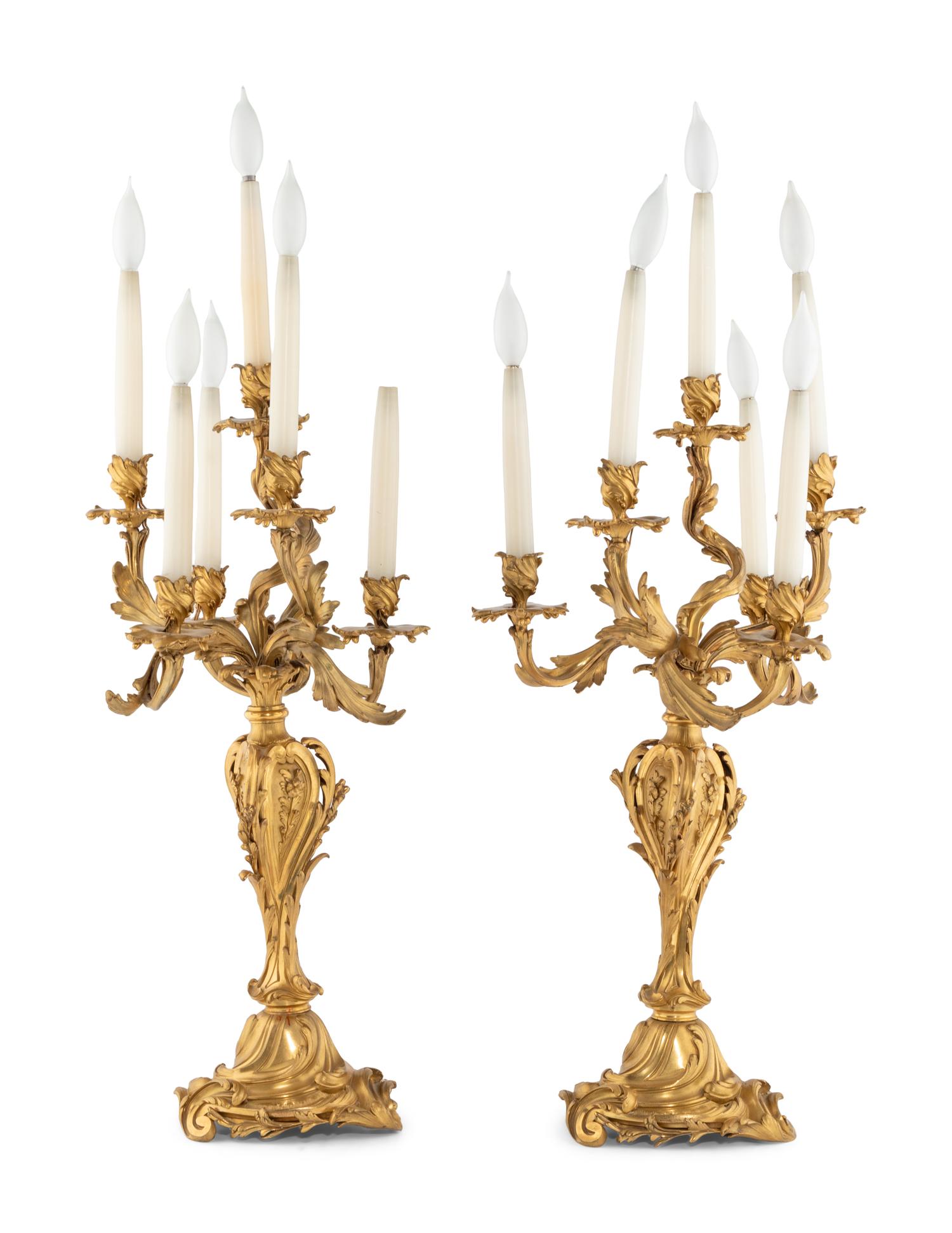 A Pair of Louis XV Style Gilt Bronze Six-Light Candelabra Mounted as Lamps