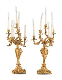 A Pair of Louis XV Style Gilt Bronze Six-Light Candelabra Mounted as Lamps