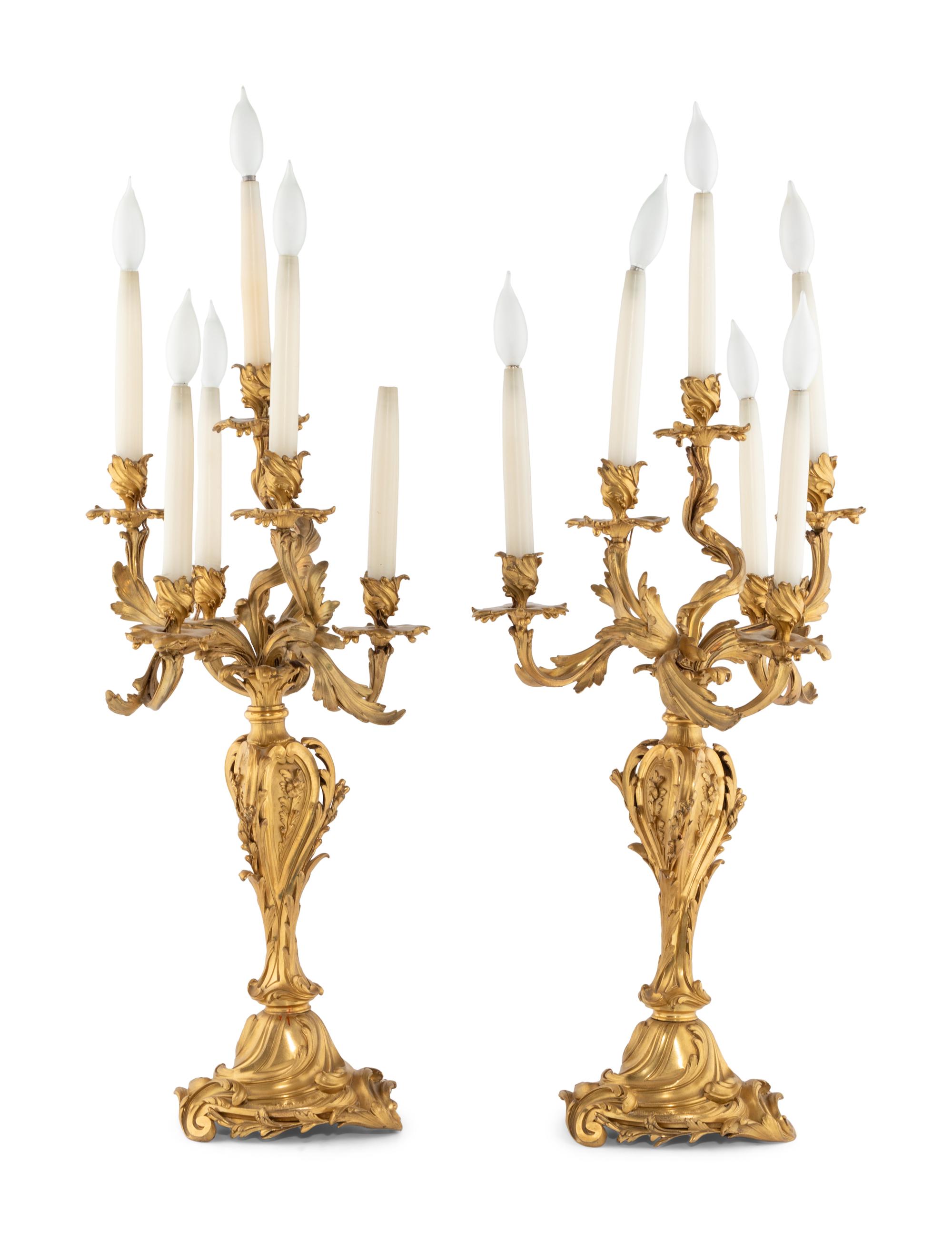 A Pair of Louis XV Style Gilt Bronze Six-Light Candelabra Mounted as Lamps