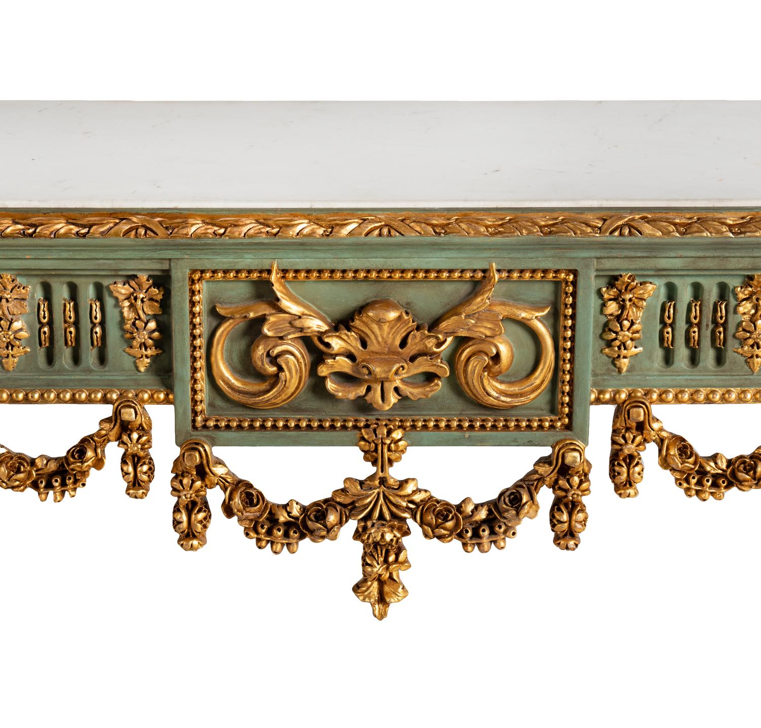 A Pair of Continental Green-Painted and Parcel Gilt Marble-Top Console Tables