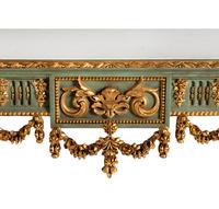 A Pair of Continental Green-Painted and Parcel Gilt Marble-Top Console Tables