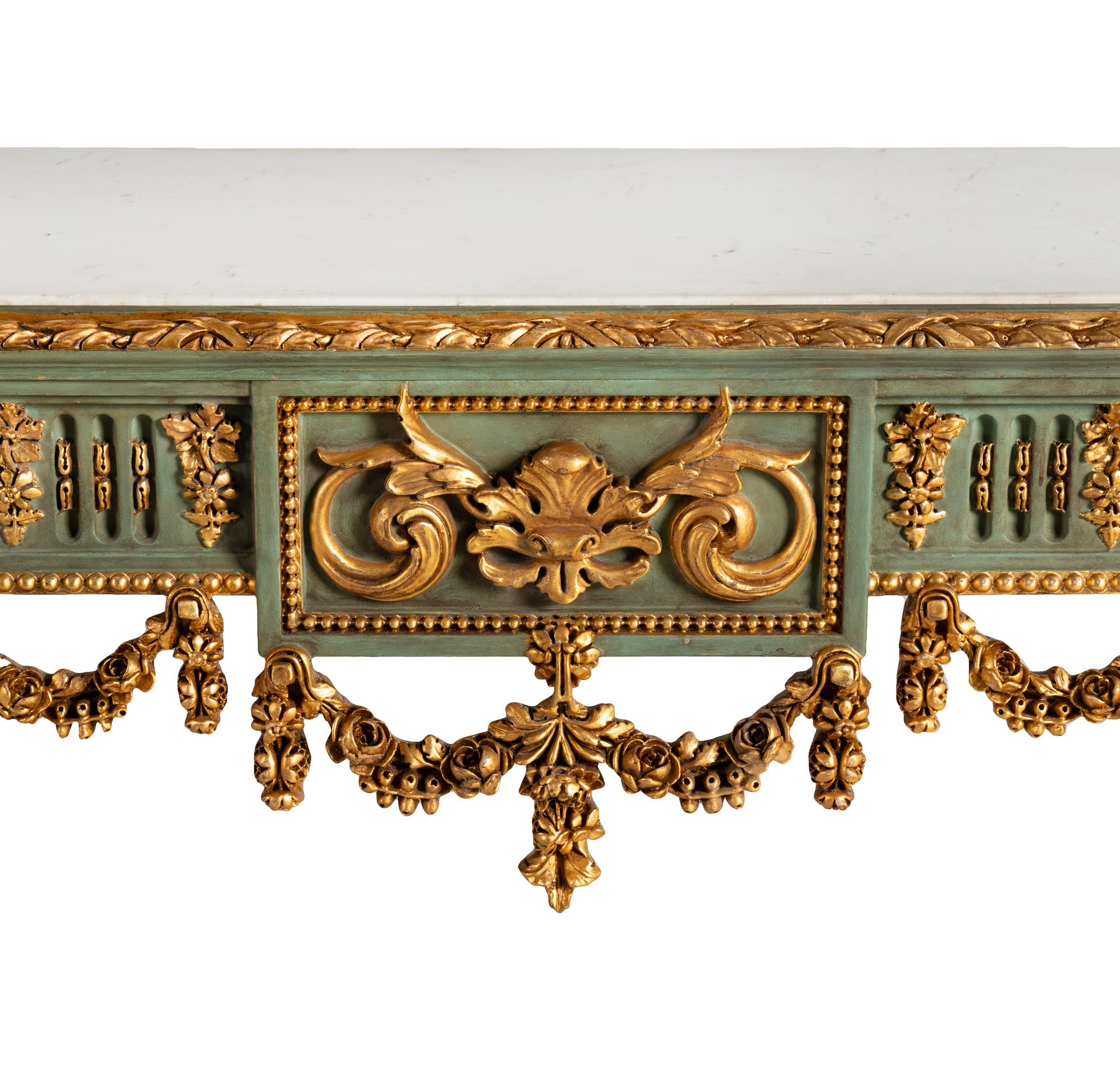 A Pair of Continental Green-Painted and Parcel Gilt Marble-Top Console Tables