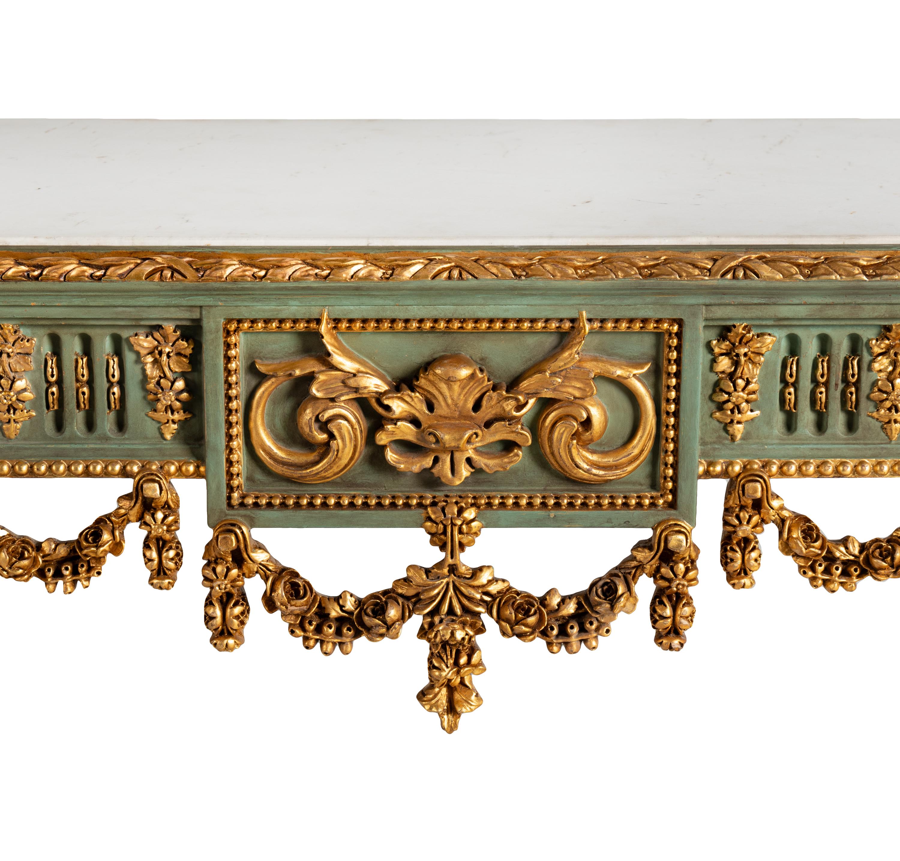 A Pair of Continental Green-Painted and Parcel Gilt Marble-Top Console Tables
