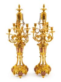 A Pair of Louis XVI Style Gilt Bronze and Marble Six-Light Candelabra