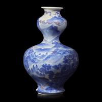 A Japanese Blue and White and Copper Red Glazed Double Gourd 'Landscape' Vase, Signed Dai Nihon Kozan sei