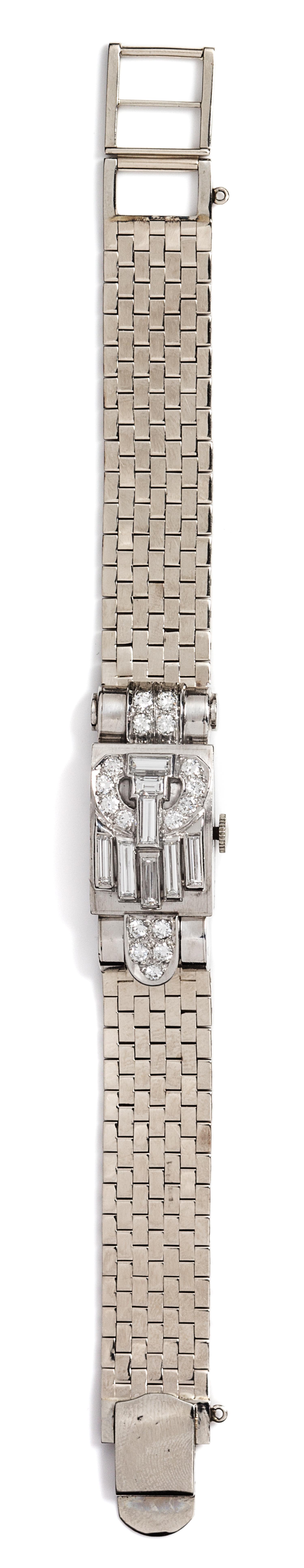 A Platinum, White Gold and Diamond Wristwatch, Hamilton, 30.90 dwts.