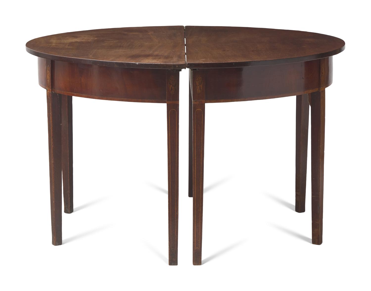 A Pair of George III Inlaid Mahogany Demilune Tables