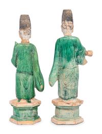 Two Chinese Green Glazed Pottery Figures of Attendants