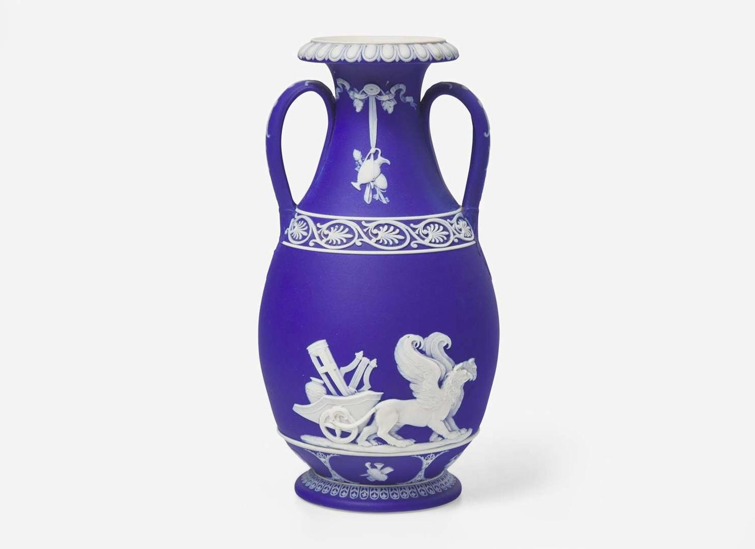 A Richly Decorated Wedgwood Blue Dip Jasperware Vase, UK, late 19th century