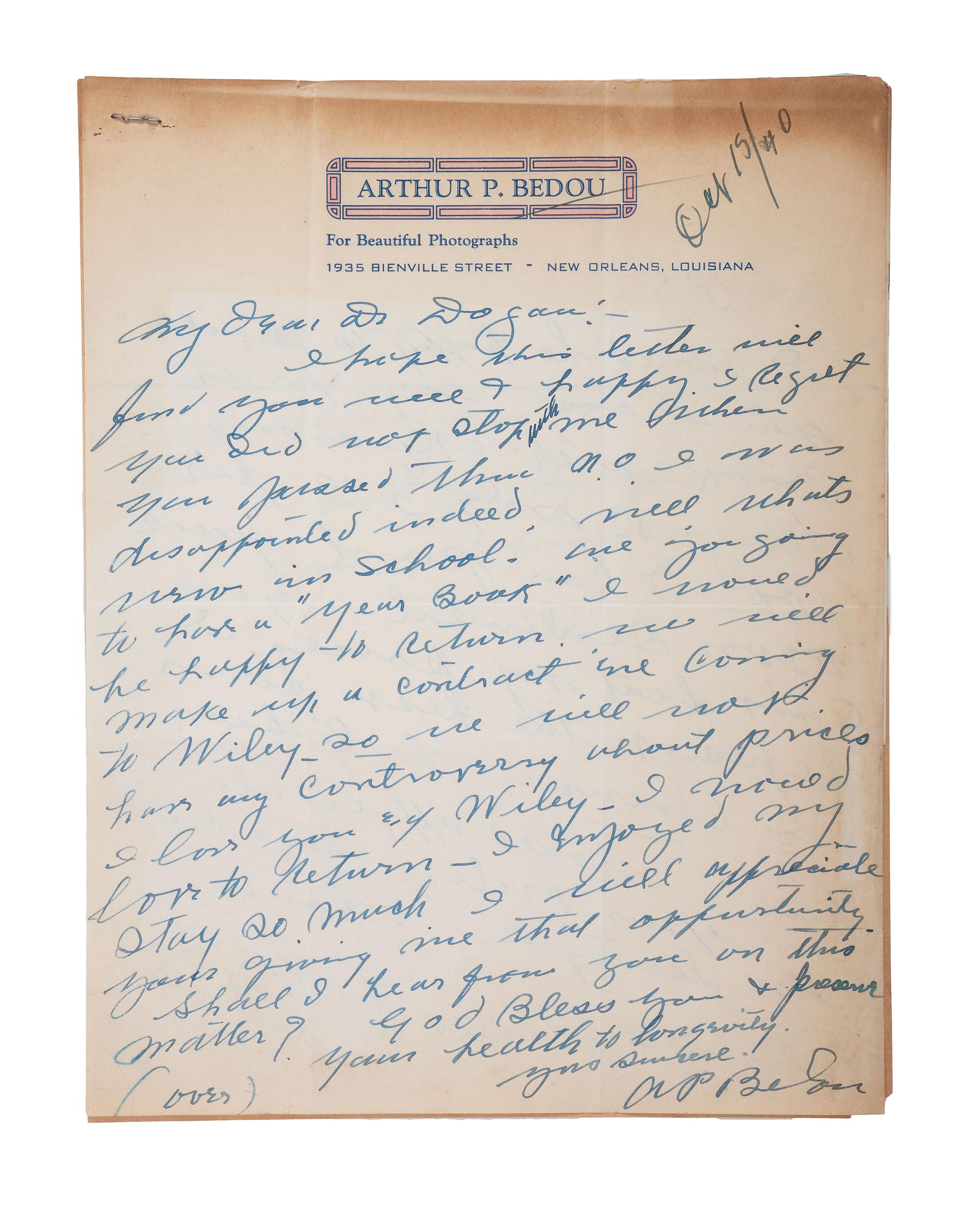 [EARLY PHOTOGRAPHY]. BEDOU, Arthur P. (1882-1966). Autograph letter twice signed ("A.P. Bedou"), Matthew DOGAN (1863-1947), as President of HBCU Wiley College. New Orleans, 15 October 1940.