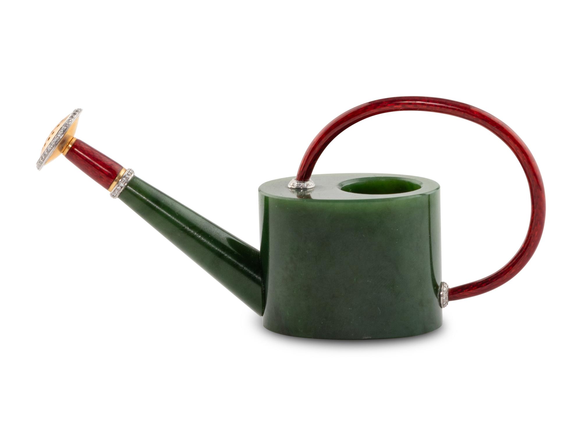A Carved Jade, Guilloche Enamel and Diamond-Mounted Watering Can
