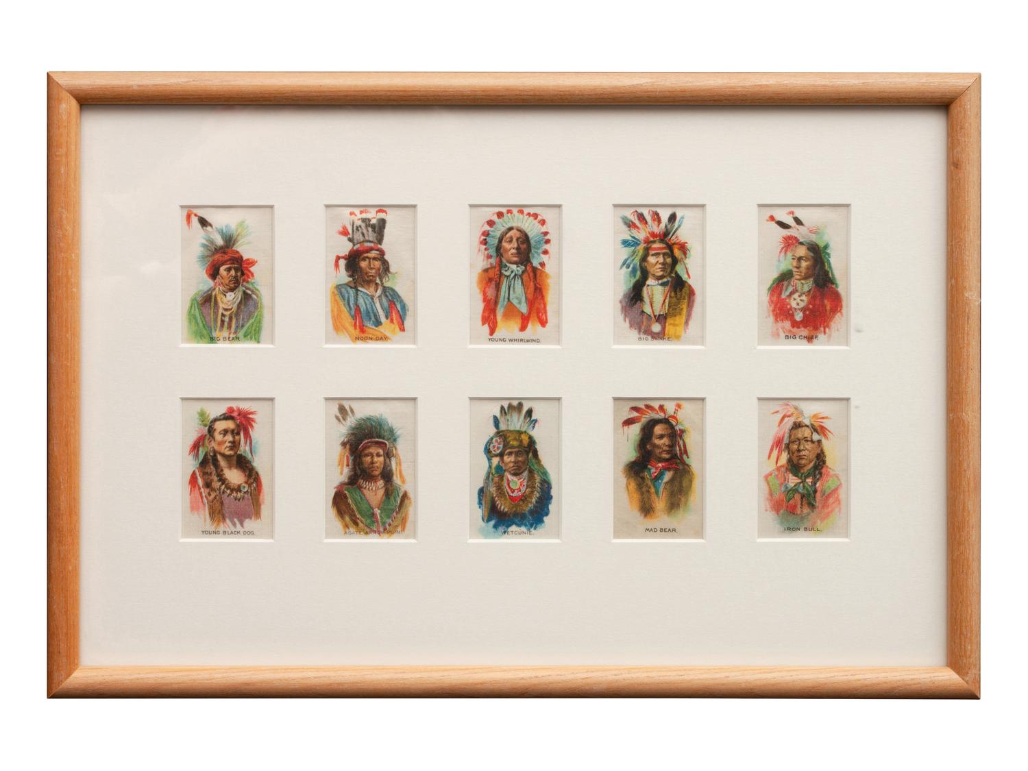 Four Framed Collections of Indian Chewing Gum, Tokio Tobacco Silks and Hudson Bay Trade Pipes