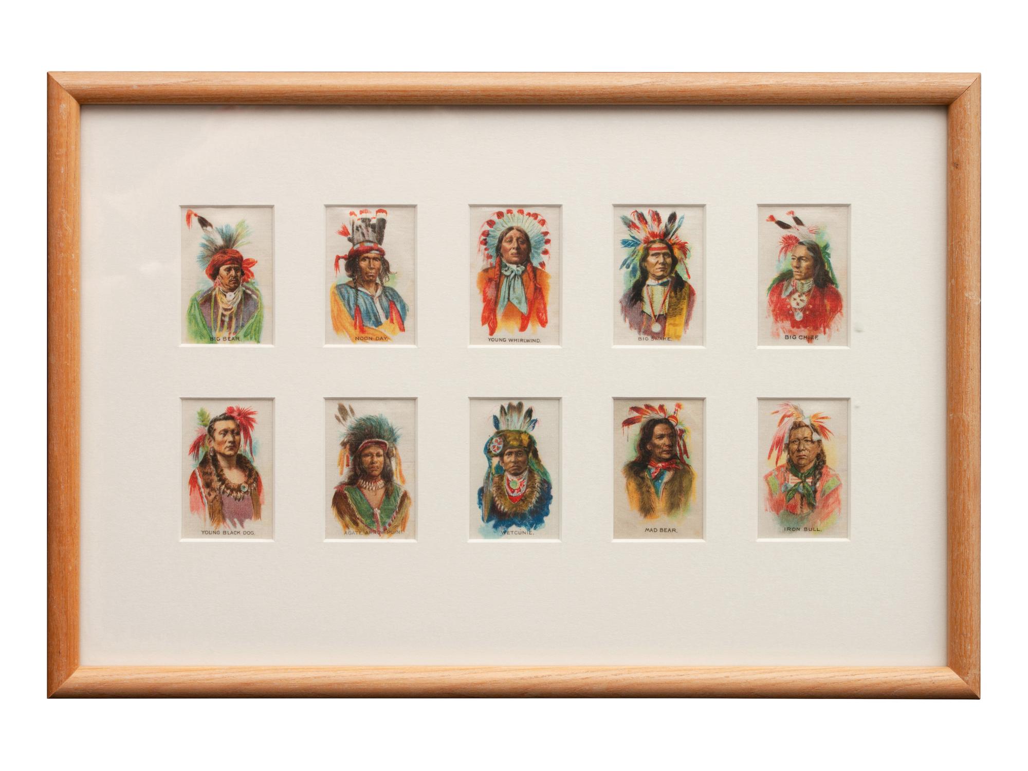 Four Framed Collections of Indian Chewing Gum, Tokio Tobacco Silks and Hudson Bay Trade Pipes