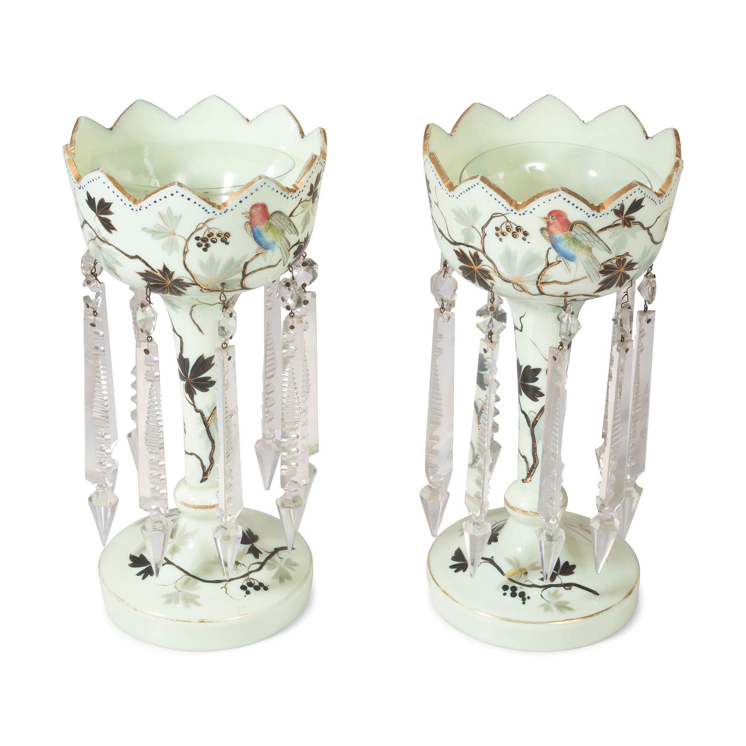 A Pair of Paint-Decorated Opaline Glass Girandoles