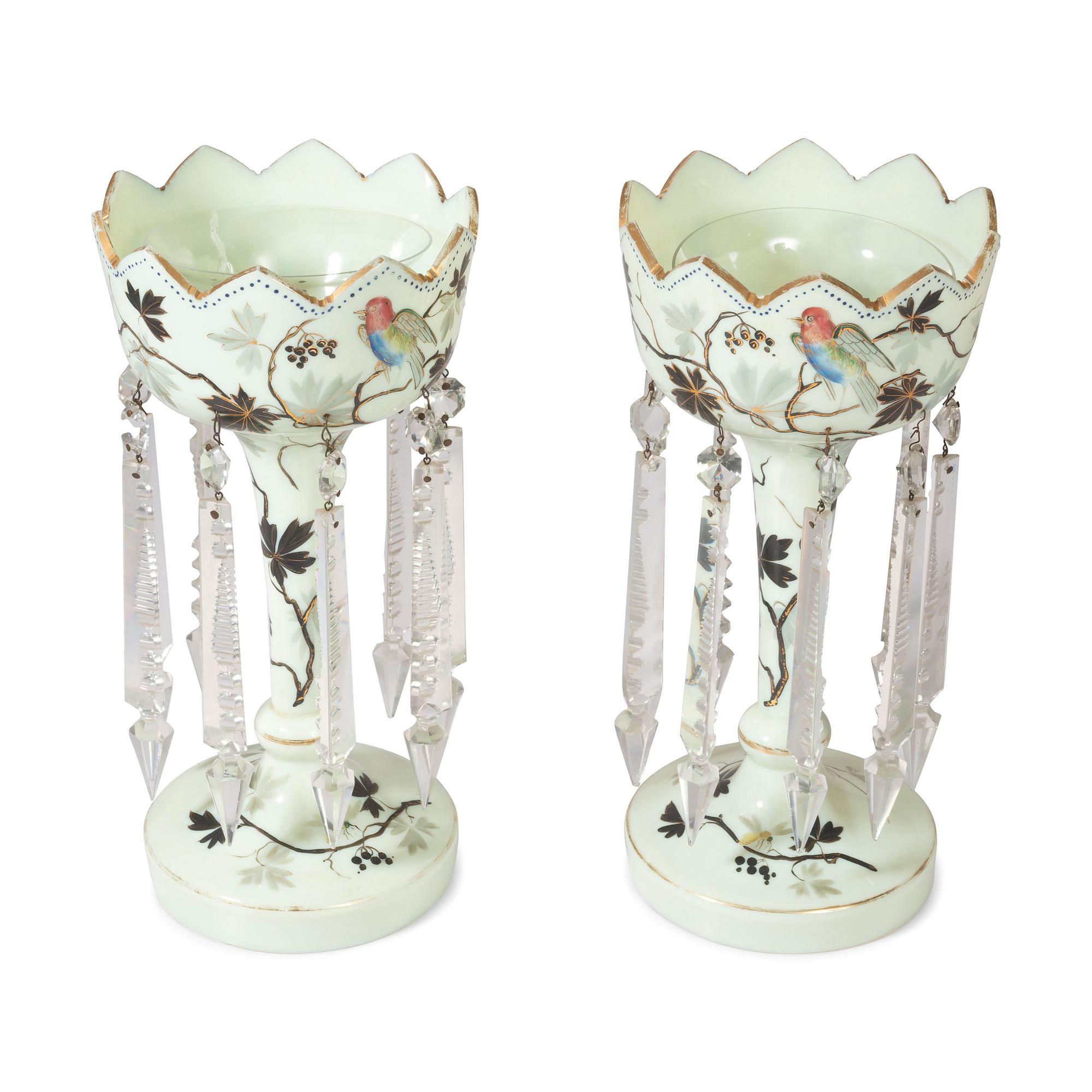 A Pair of Paint-Decorated Opaline Glass Girandoles