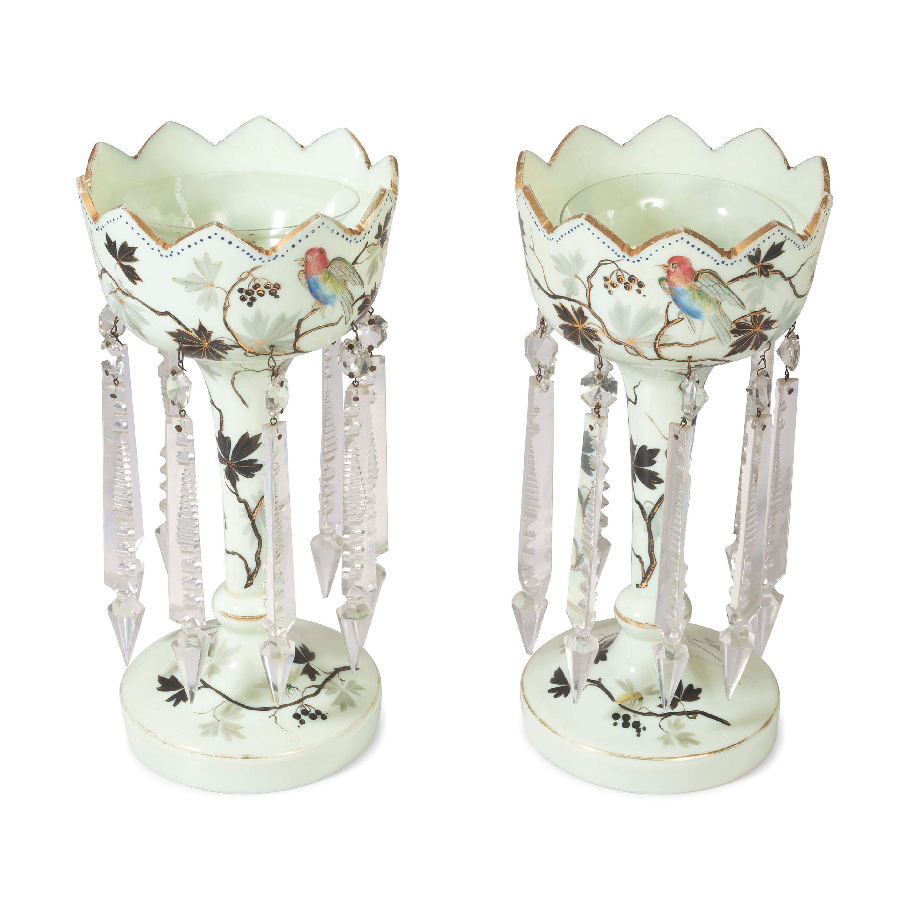 A Pair of Paint-Decorated Opaline Glass Girandoles