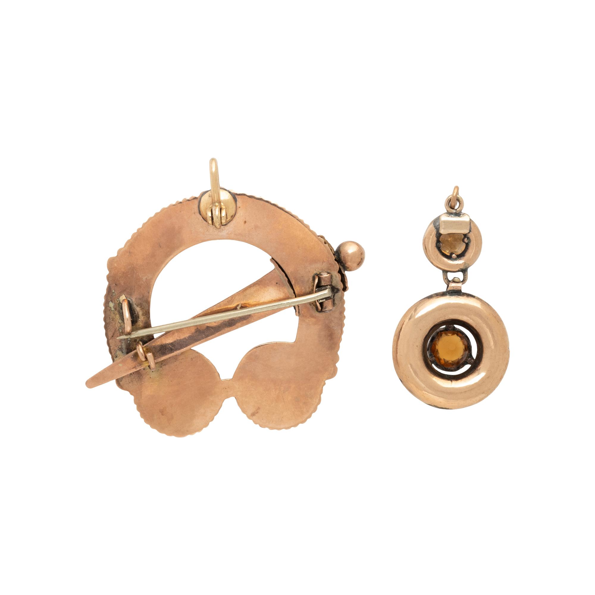 ANTIQUE, LOW KARAT GOLD AND SCOTTISH AGATE BROOCH AND PENDANT