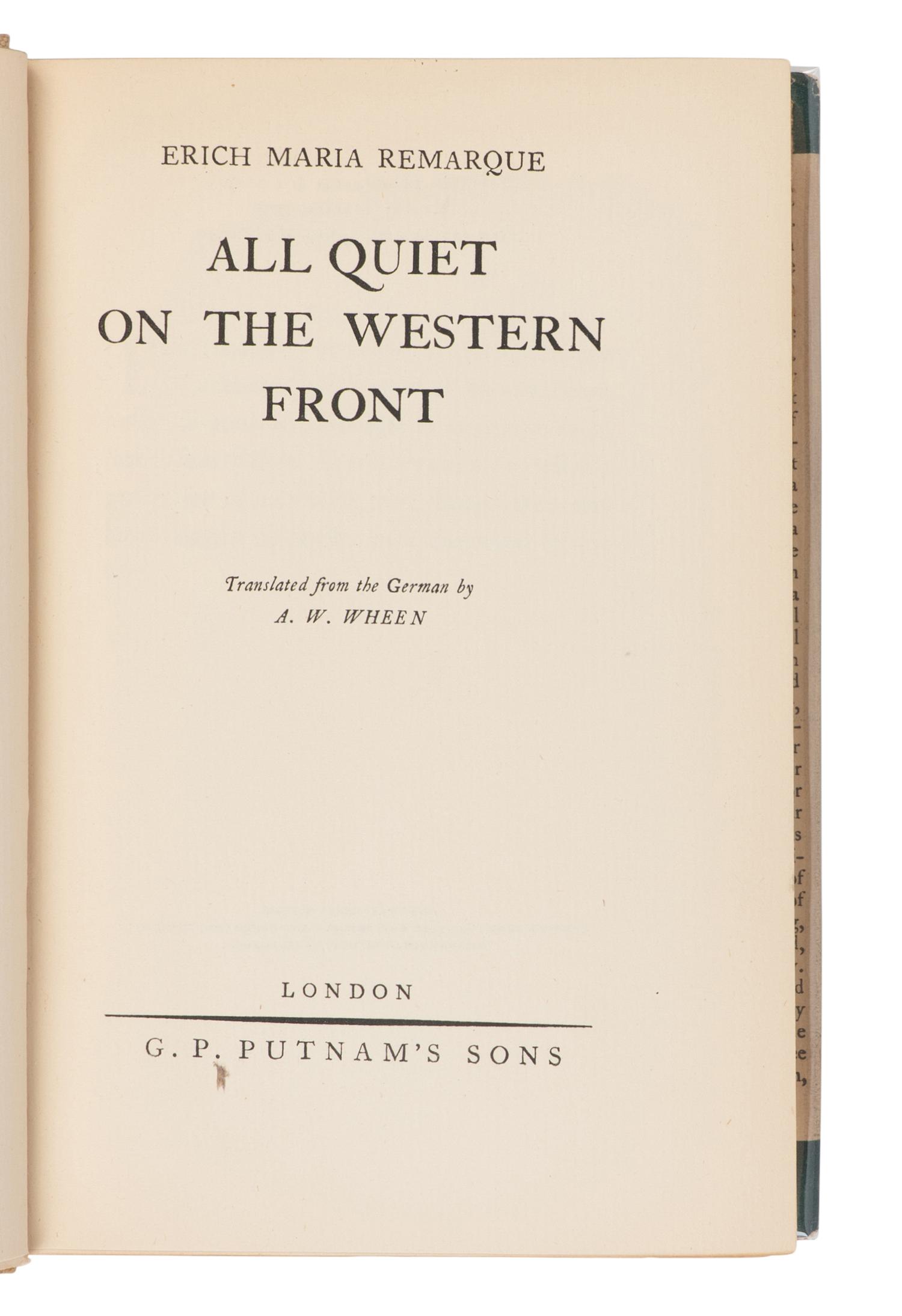 REMARQUE, Erich Maria (1898-1970). All Quiet on the Western Front. London: G.P. Putnam's Sons, 1929.