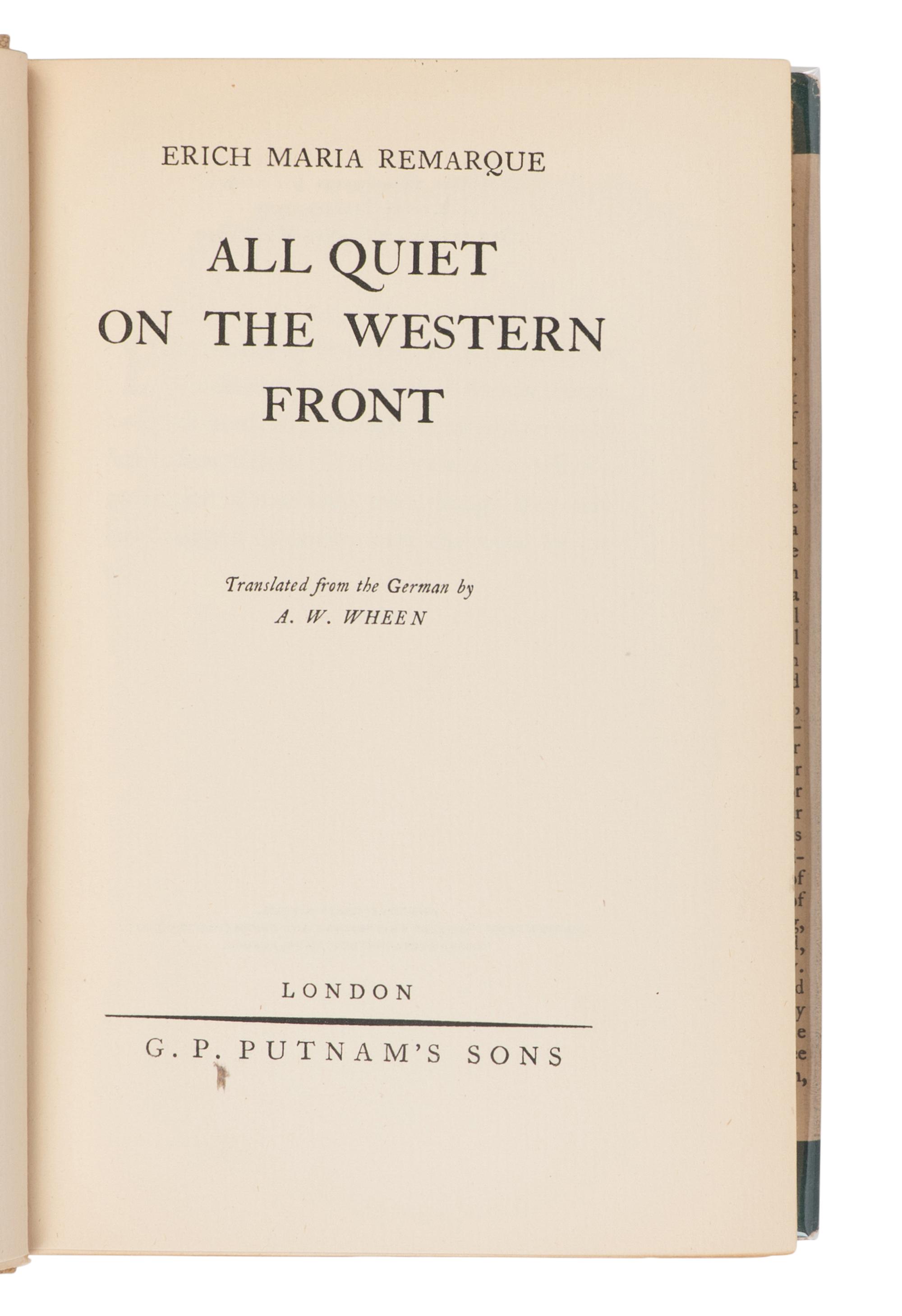 REMARQUE, Erich Maria (1898-1970). All Quiet on the Western Front. London: G.P. Putnam's Sons, 1929.