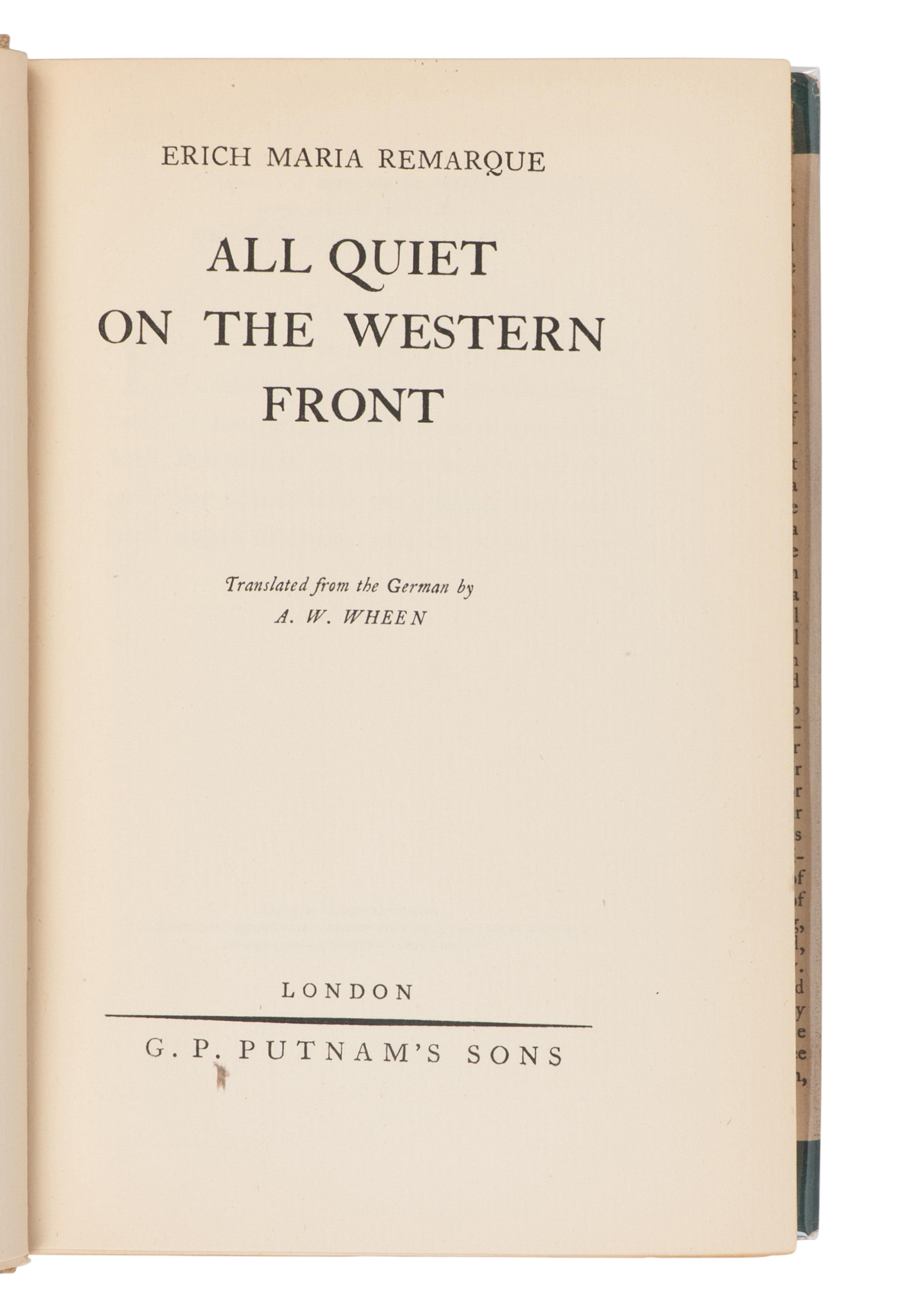 REMARQUE, Erich Maria (1898-1970). All Quiet on the Western Front. London: G.P. Putnam's Sons, 1929.