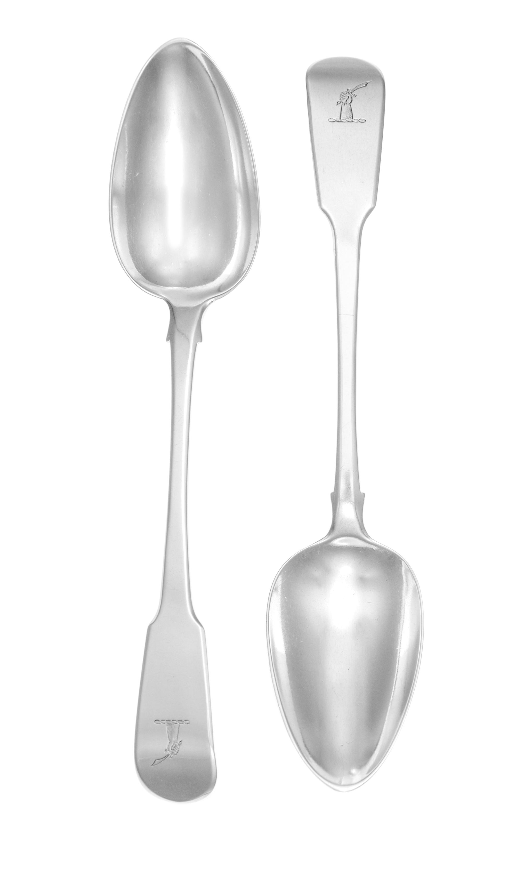 A Pair of Irish George III Silver Serving Spoons, James Keating, Dublin, 1789, of fiddle form, the handle with an engraved crest.