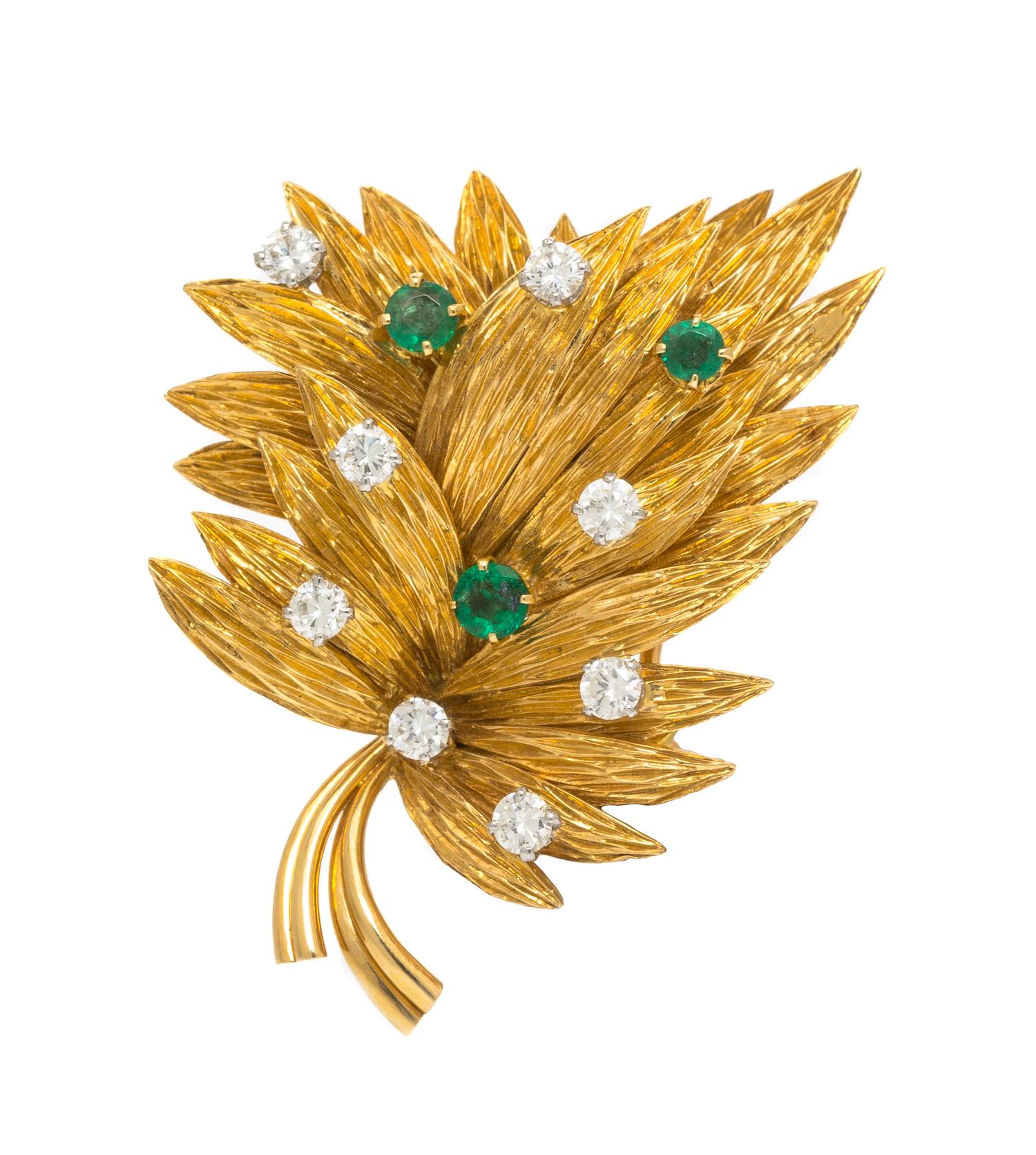 An 18 Karat Yellow Gold, Diamond and Emerald Leaf Brooch, Georges Lenfant, 16.50 dwts.