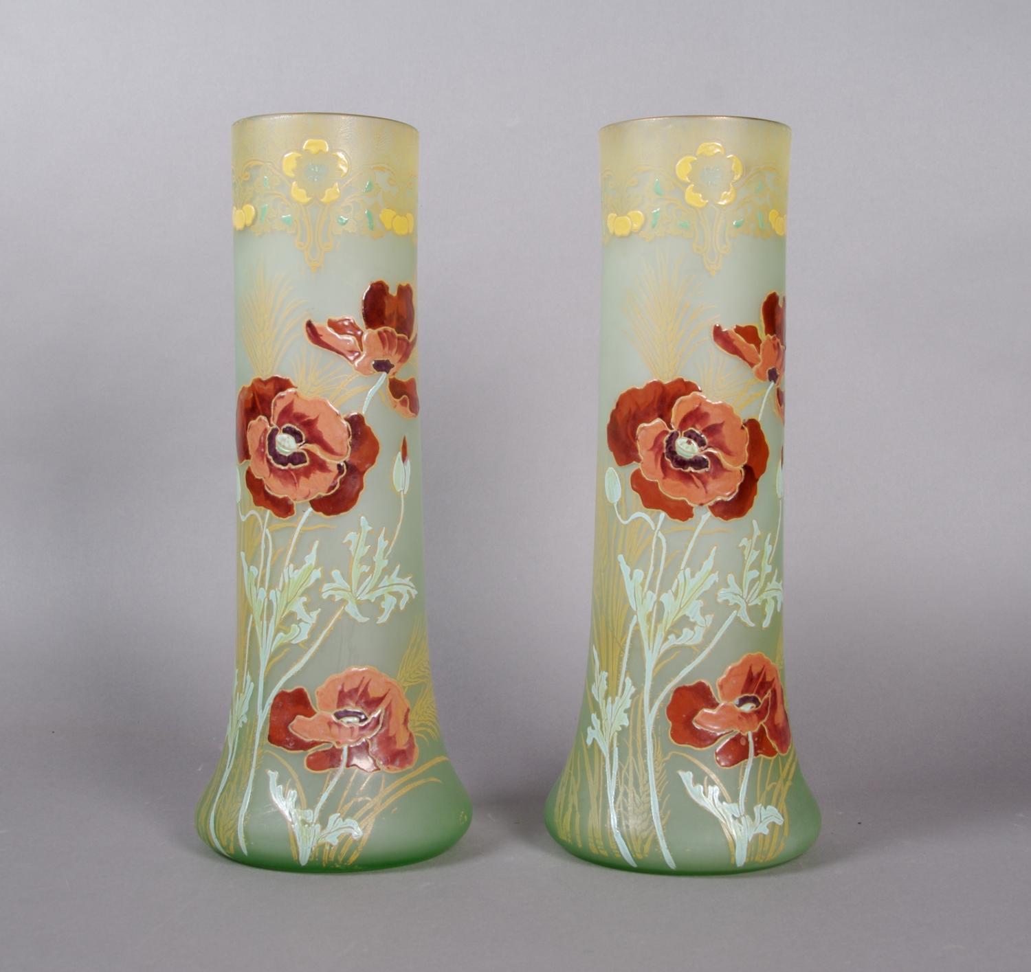 A Pair of Enameled Legras Glass Vases, Height 14 inches.