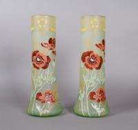 A Pair of Enameled Legras Glass Vases, Height 14 inches.
