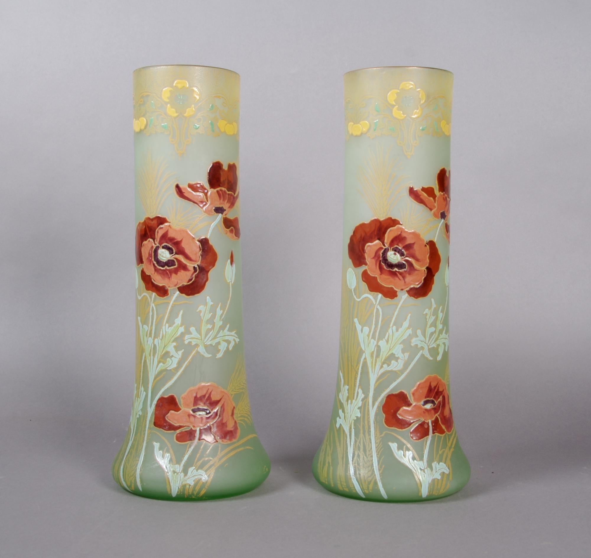 A Pair of Enameled Legras Glass Vases, Height 14 inches.