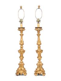 A Pair of Italian Giltwood Prickets Mounted as Lamps