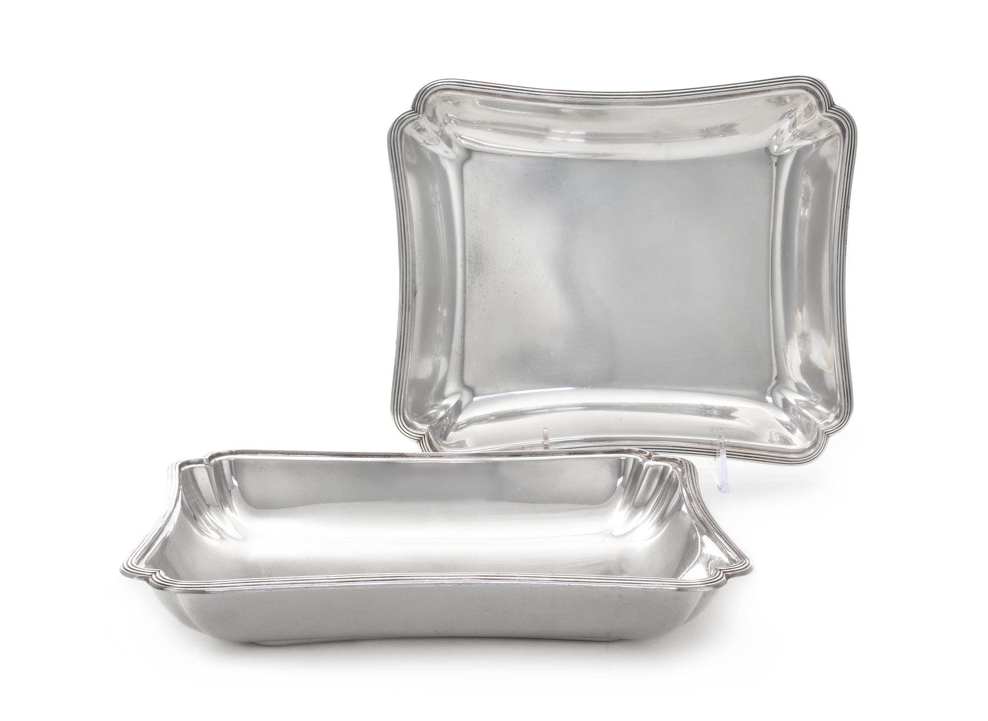 A Pair of George V Reversible Entree Dish Covers, Crichton Brothers, London, 1927, rectangular with shaped corners and reeded rims, eng
