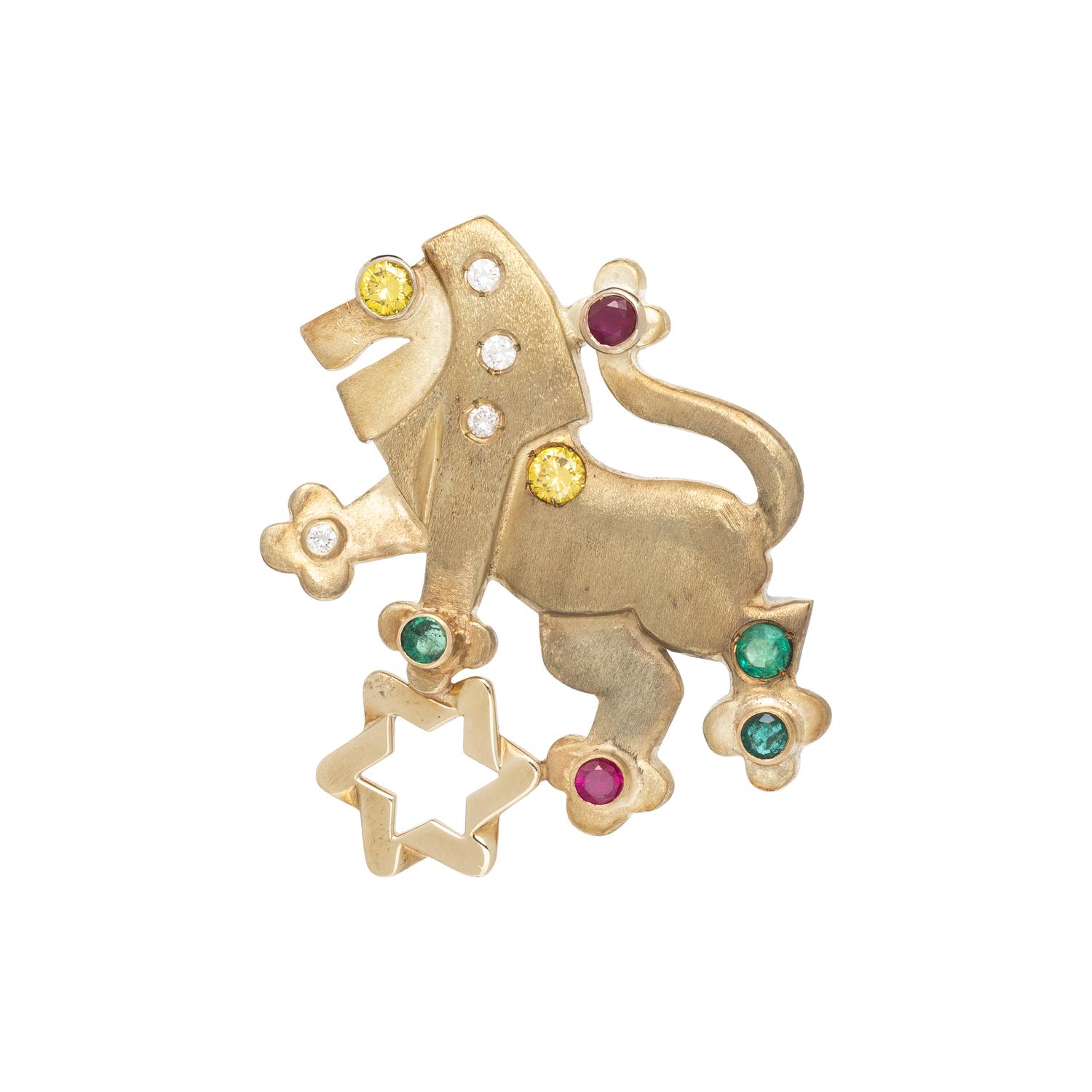 YELLOW DIAMOND, DIAMOND, EMERALD, AND RUBY LION BROOCH