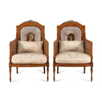 A Pair of Edwardian Satinwood and Polychrome Painted Armchairs